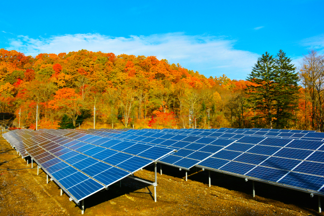 秋の紅葉に囲まれた山のふもとに設置された太陽光発電パネルの風景
